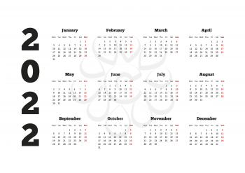 Calendar on 2022 year with week starting from monday, A4 horizontal sheet