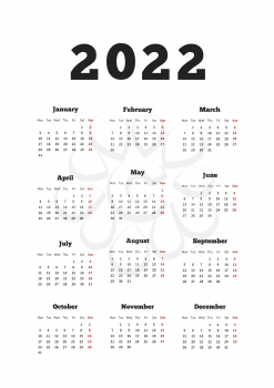 Calendar on 2022 year with week starting from monday, A4 size vertical sheet on white