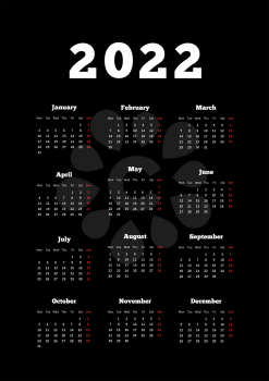 Calendar on 2022 year with week starting from monday, A4 size vertical sheet on black