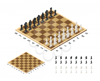 Classical chessboard with chess figures in isometric view isolated on white