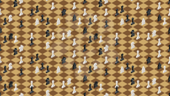Classical chessboard with chess figures, isometric seamless pattern