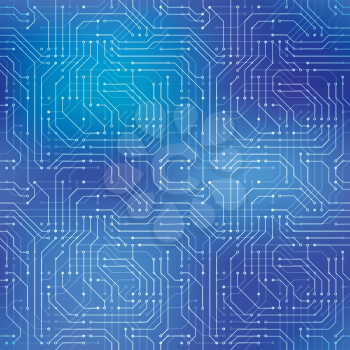 Complicated computer microchip, seamless pattern on abstract blue background