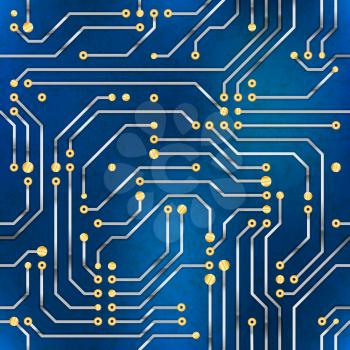 Complicated computer microchip, seamless pattern on blue background