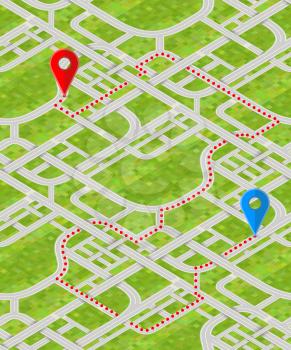 Detailed city map in isometric view with GPS pins and route