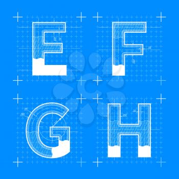 Construction sketches of E F G H letters. Blueprint style font.