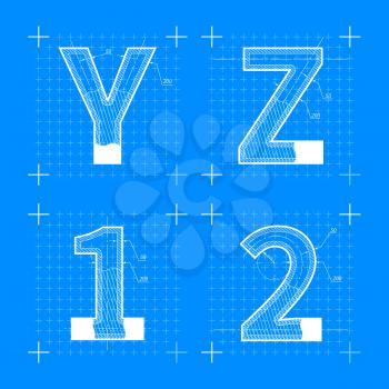 Construction sketches of Y Z 1 2 letters. Blueprint style font on blue.