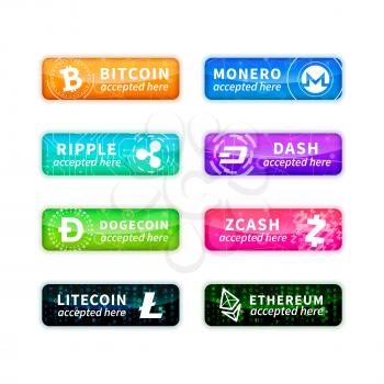 Cryptocurrency accepted here, large set of glossy emblems with most common currency signs isolated on white