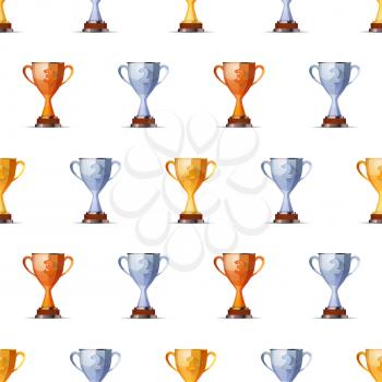 Cups of winners award for first, second and third winners position on white background seamless pattern