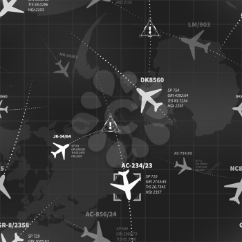 Detailed black and white radar display with planes and target signs seamless pattern