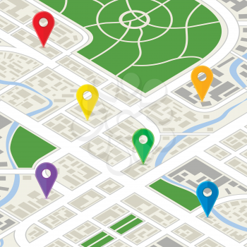 Detailed city map in isometric view with bright colourful GPS pins