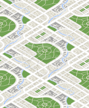 Detailed map of the city in isometric view, seamless pattern