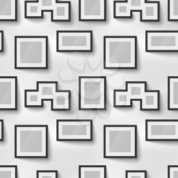 Different proportions black blank picture frames for photo on wall, seamless pattern