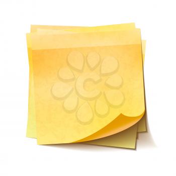 Different yellow sticky notes in pile isolated on white background