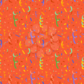 Exploding party popper with colorful serpentine and confetti, flat seamless pattern on red background