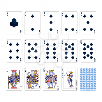 Full set of clubs suit playing cards with joker on white