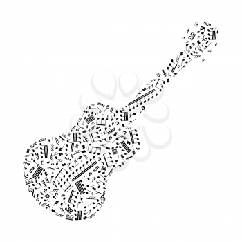 Guitar silhouette made up from music notes and signs isolated on white