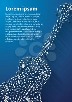 Guitar silhouette made up from music notes and signs on blue background with long shadow and text template