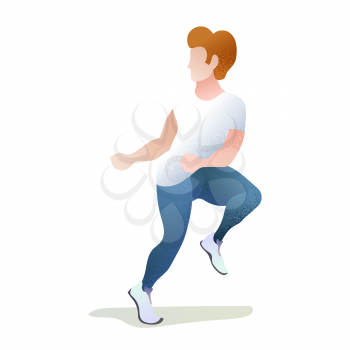 Handsome young man in running pose, textured flat trendy illustration on white