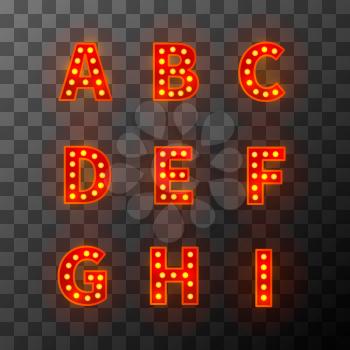 Lighting bulb font, bright alphabet in cabaret style, A-I letters on transparent