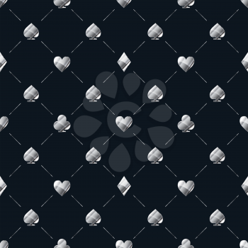 Luxury seamless pattern with bright glossy silver card suits icons like hearts, diamond, spades on blue