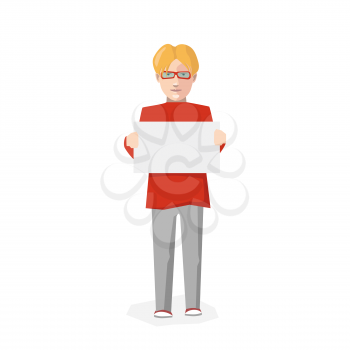 Man with blank poster, flat character on white