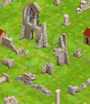 Medieval buildings on green grass, isometric game seamless pattern