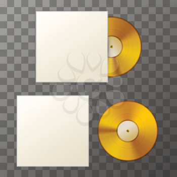 Mockup of blank golden album vinyl disc with cover on transparent background