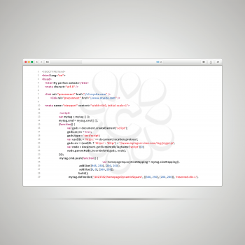 Modern browser window with simple html code of web page on white background
