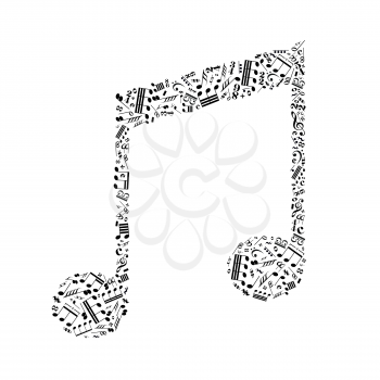 Music note sign made up from a lot of little black music signs isolated on white
