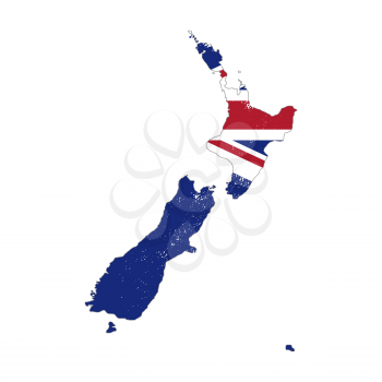 New Zealand country silhouette with flag on background on white