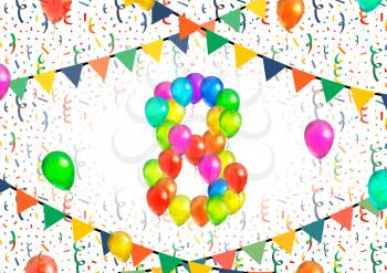Number eight made up from bright colorful balloons on white background with confetti