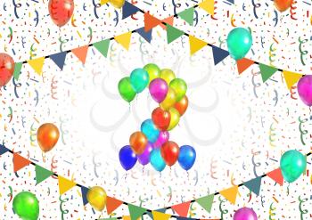 Number two made up from bright colorful balloons on background with confetti