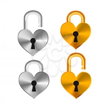 Open and closed realistic padlocks in heart shape made from different metals on white