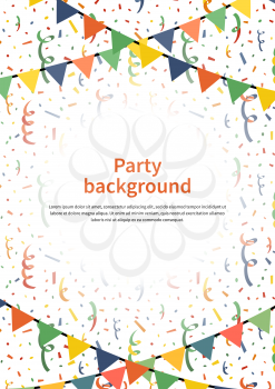 Party background with buntings garlands and confetti on white, a4 size vertical illustration