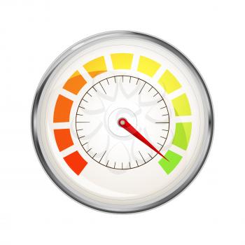 Performance measurement indicator, glossy metal speedometer icon isolated on white