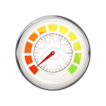 Performance measurement indicator with zero value, glossy metal speedometer icon isolated on white
