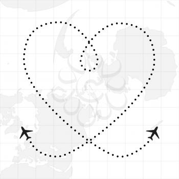 Planes traces in heart shape on map background, love concept