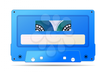 Realistic blue audio cassette with magnetic tape, vintage object on white