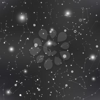 Realistic dark night sky with many stars and constellations, seamless pattern