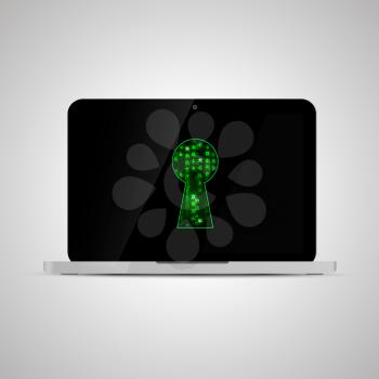 Realistic glossy laptop with matrix code in keyhole shape. Computer security concept illustration.