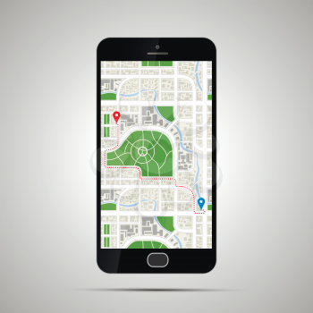 Realistic glossy smartphone with detailed map of city and GPS path on light background