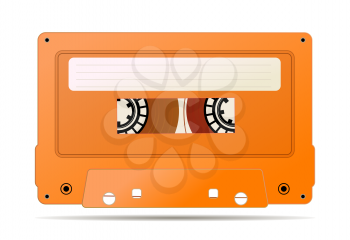 Realistic orange audio cassette with magnetic tape, vintage object on white