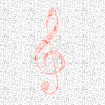 Red treble clef sign made up from music notes among gray notes isolated on white