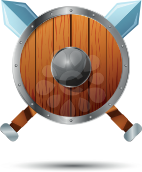 Round wooden shield with crossed swords cartoon icon