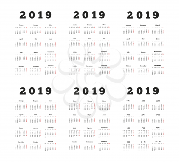 Set of 2019 year simple vertical calendars on different languages like english, german, russian, french, spanish and chinese on white