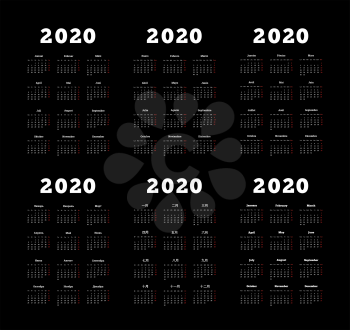 Set of 2020 year simple vertical calendars on different languages like english, german, russian, french, spanish and chinese on dark