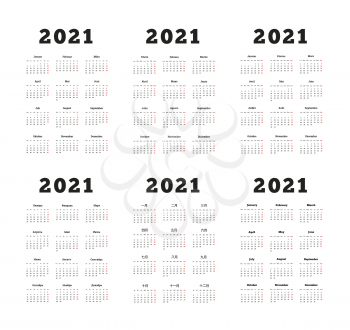 Set of 2021 year simple vertical calendars on different languages like english, german, russian, french, spanish and chinese on white