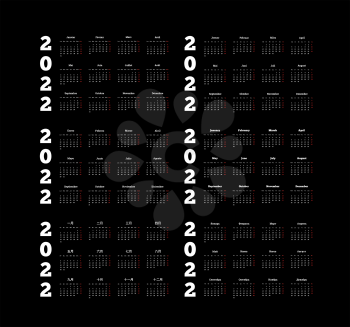 Set of 2022 year simple calendars on different languages like english, german, russian, french, spanish and chinese on dark