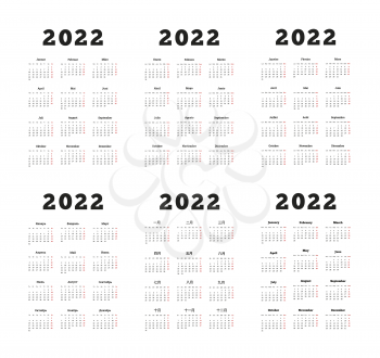 Set of 2022 year simple vertical calendars on different languages like english, german, russian, french, spanish and chinese, isolated on white