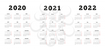 Set of A4 size vertical simple calendars in french at 2020, 2021, 2022 years on white